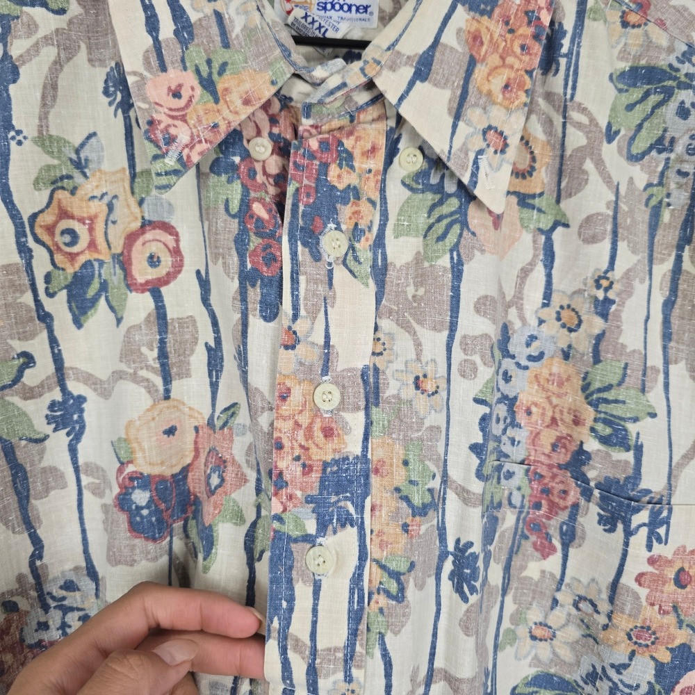 Reyn Spooner 3XL Hawaiian Shirt Floral Stripe Cotton Blend Blue Tan Vintage XXXL - Picture 3 of 7